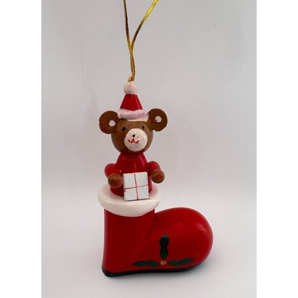 Vintage Wooden Santa Bear Christmas Tree Ornament in Red Stocking Hand Painted - Picture 8 of 8